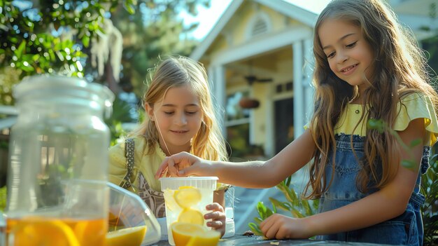 Two young girls make lemonade on a sunny day