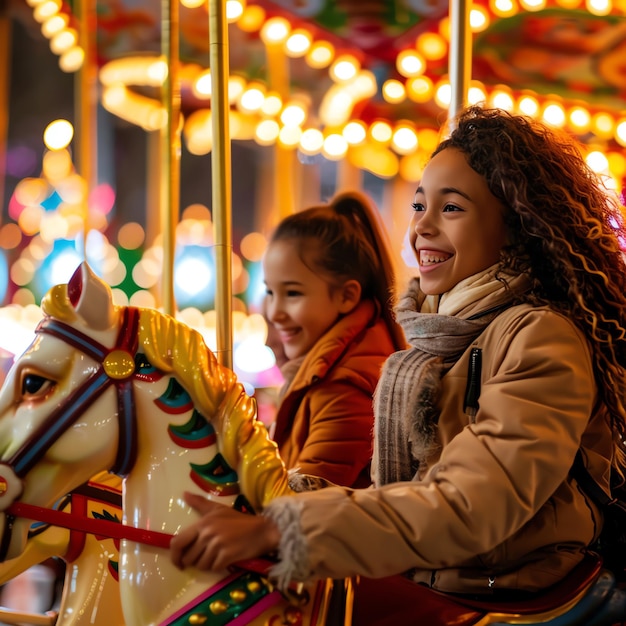 Two young girls ride a carousel at a winter fair They are both smiling and look happy