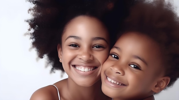 Two young girls smiling and hugging each other