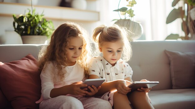 Two young girls using a tablet together on a couch with soft sunlight filtering through the room