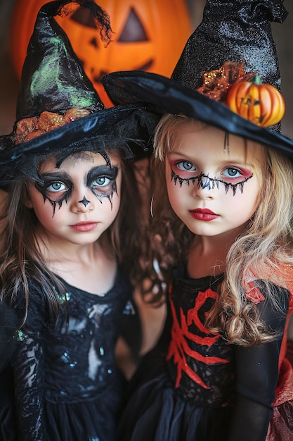 Two young girls wearing witch costumes and scary makeup are posing at a halloween party