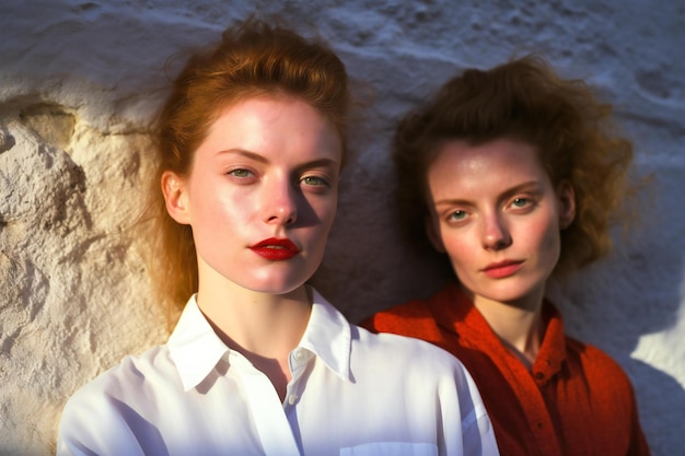 Two young girls in white shirts and red scarves on the background of the wall