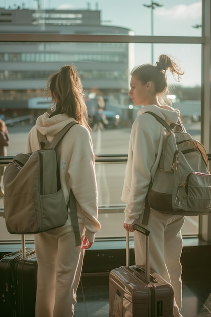 Two young girls with suitcases at the airport looking at each other