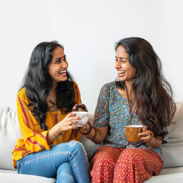 Two young indian women sitting on sofa and drinking coffee at home