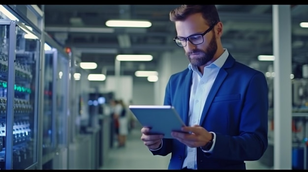 Two young inventive engineers are seen using a tablet computer to analyze and discuss how to use Generative AI an artificial intelligence program