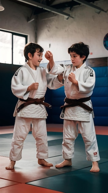 Two young judo fighters in kimono training martial arts in the gym