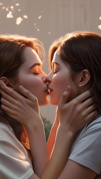 Two young lesbians kissing