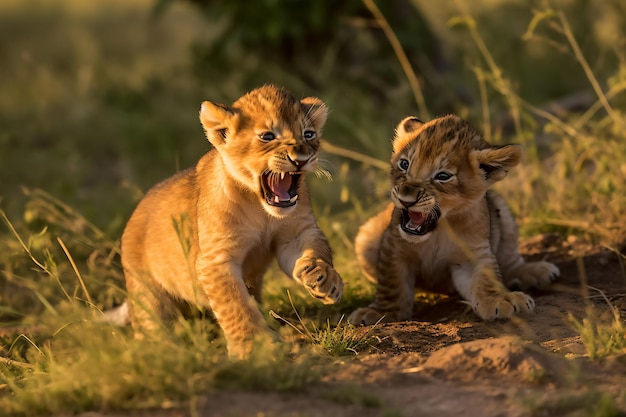 two young lions playing in the grass with each other