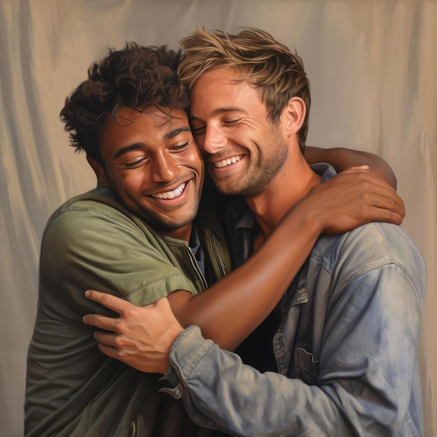 Two young men hugging each other