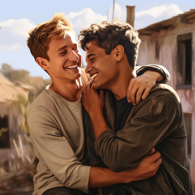 Two young men hugging each other