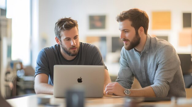 Photo two young men working together on a laptop in an office setting