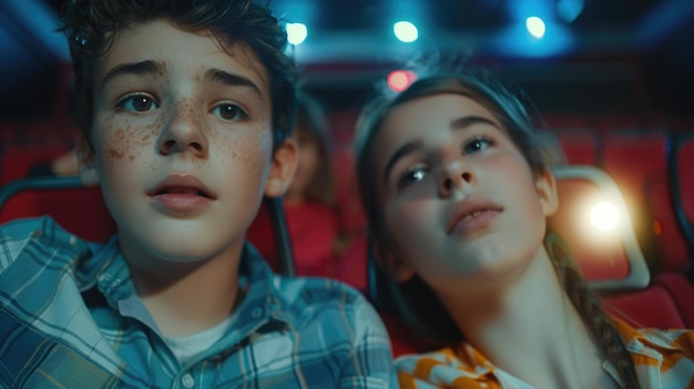 Two young people are sitting in movie theater watching movie