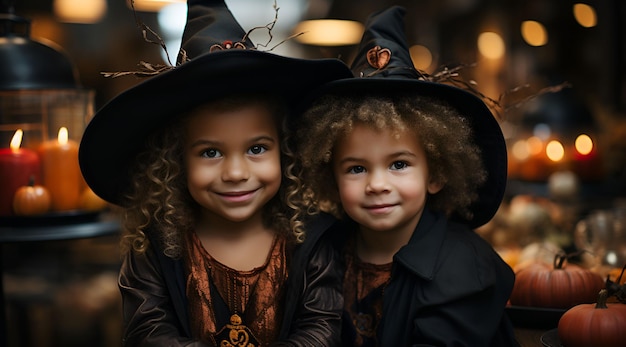 two young people in halloween costumes in witch hats posing for the camera