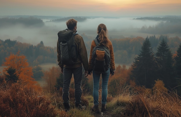 two young people hiking in the beautiful mountains surrounded by green nature looking at the sunset