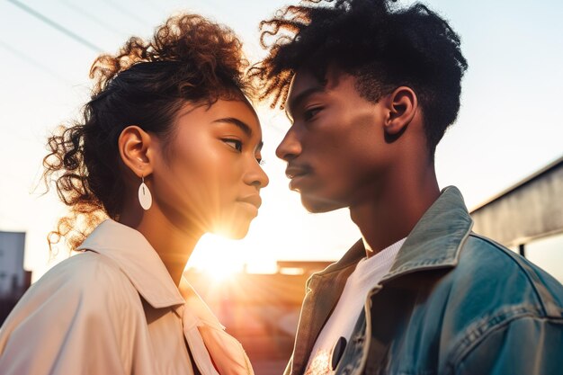 Two young people in love hugging against the setting sun Generative ai