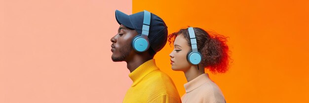 Photo two young people a man and a woman are listening to music or podcasts with headphones on the