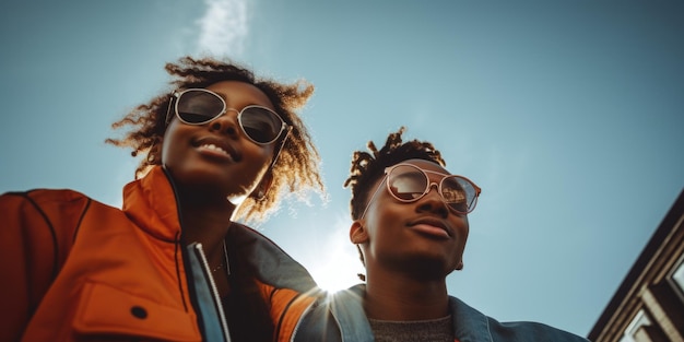 Two young people wearing sunglasses and standing in front of a building