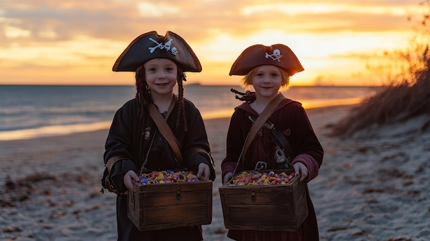 Photo two young pirates holding treasure chests filled with candy at sunset