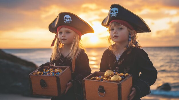 Two Young Pirates Holding Treasure Chests at Sunset