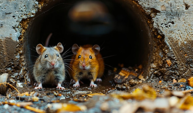 Two young rats look out of the sewer Two rats are sitting near the sewer on the street