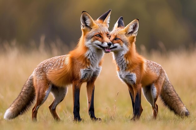 Photo two young red foxes greeting each other in an autumn meadow