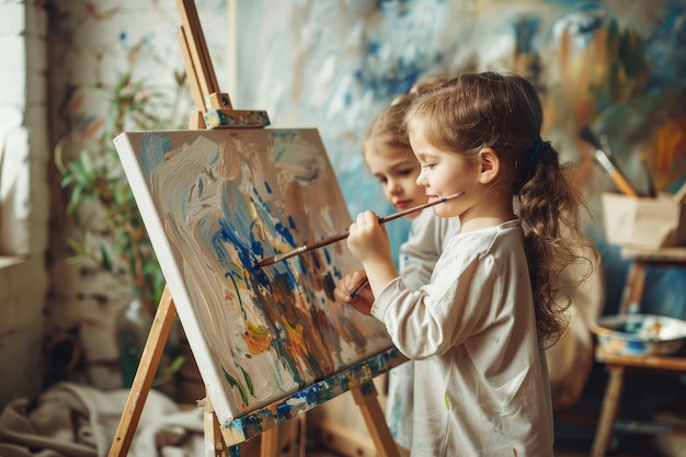 Photo two young sisters are painting together on a canvas in a home studio siblings painting together on a canvas