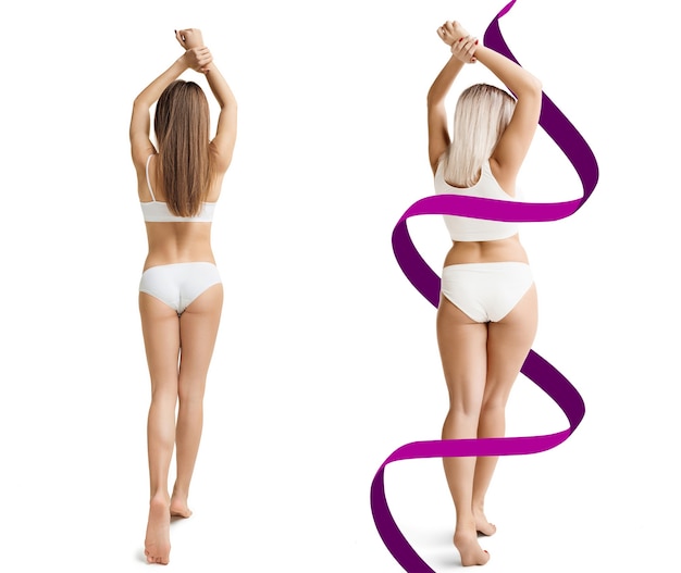 Photo two young thick and thin women have different figures comparison concept