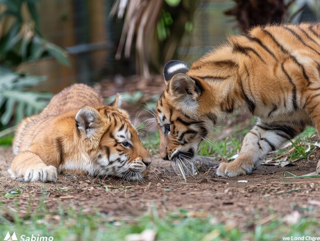 Photo two young tigers playfully interact in a natural habitat setting during daylight hours