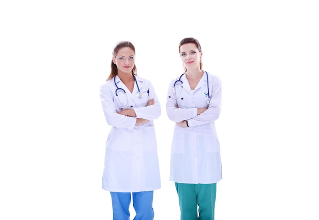 Two young woman doctor standing in hospital Two young woman doctor