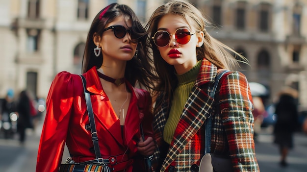 Two young women are posing for a photo They are both wearing sunglasses and fashionable clothes