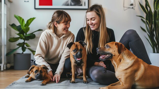 Photo two young women are sitting on the floor with three dogs the women are smiling and laughing and the dogs are looking at them