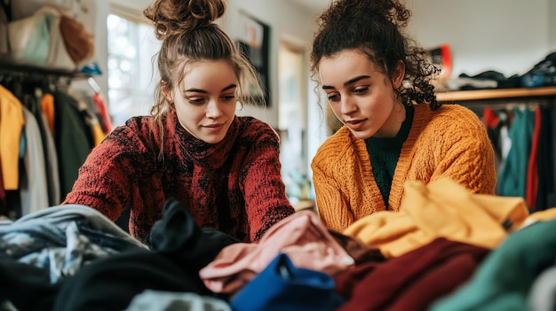 Photo two young women are sorting through a pile of clothes in a room