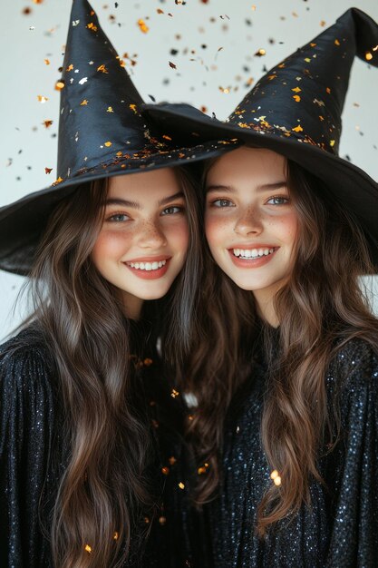 Photo two young women in black witch costumes smiling at a festive celebration