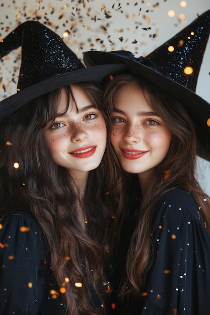 Photo two young women in black witch costumes smiling at a festive celebration