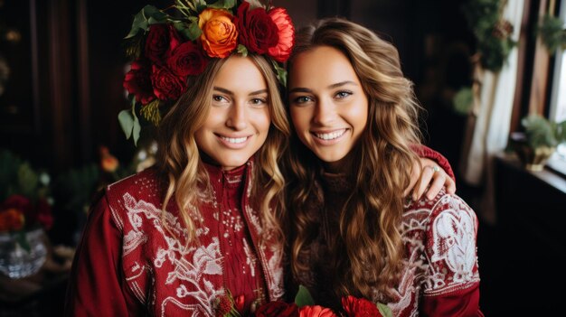 Two young women in festive clothing one in a crown smiling at the camera