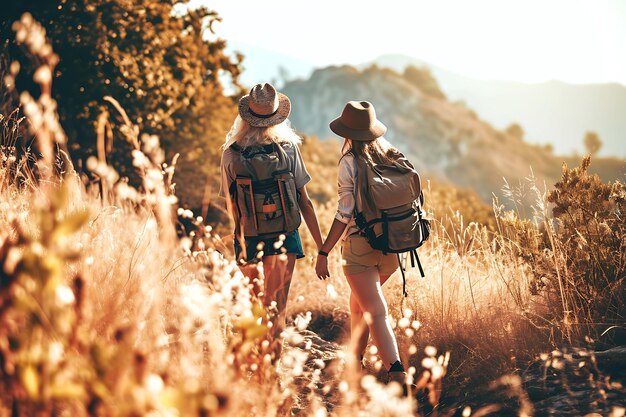 Two Young Women Hiking in Sunshine