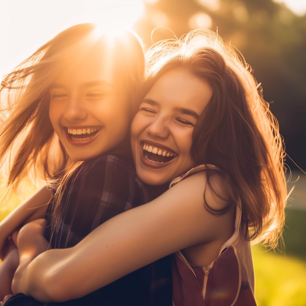 two young women hugging and one has a smile that says smile friendship day