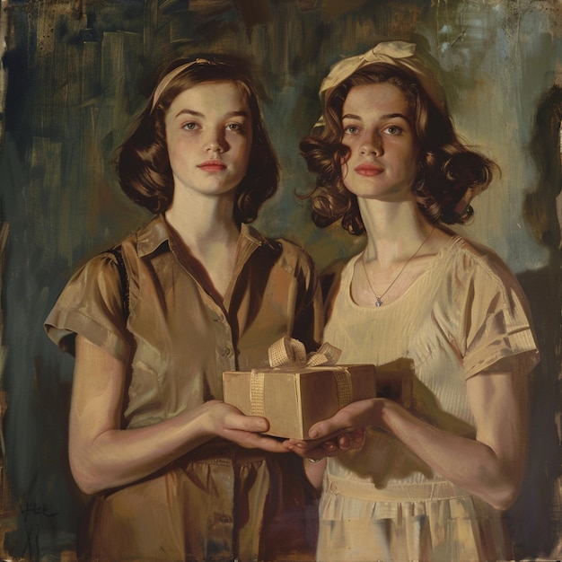 Two young women joyfully holding a box together