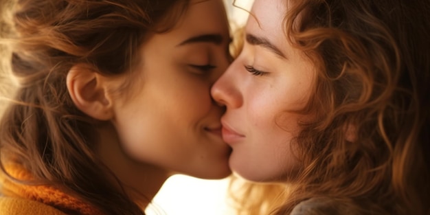 Two young women kiss on a window sill.