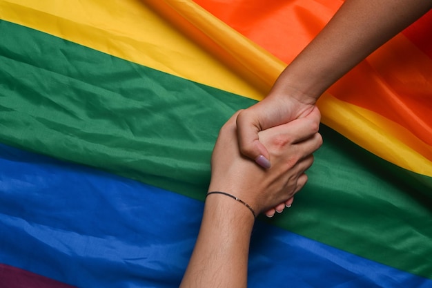 Two young women lesbian couple holding hands over LGBT pride flag