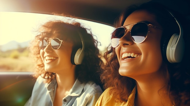 Two young women listen to songs with headphones and sing dance in the car during the trip Best friends have fun together Travel at sunset