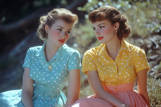 Photo two young women in polka dot dresses looking at each other