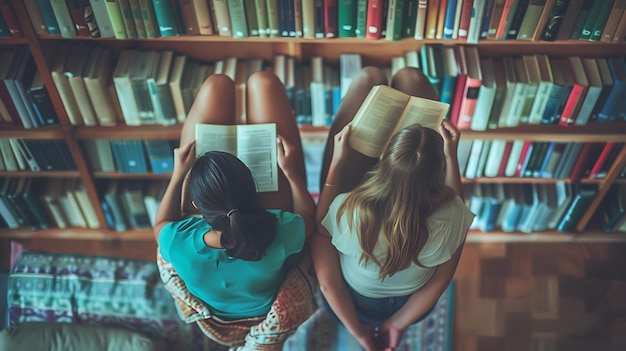 Two young women sit on the floor of a library reading books They are both wearing casual clothes and have their hair down