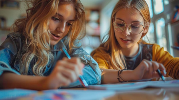 Photo two young women sit at a table one writing and the other looking at a book they appear to be studyin