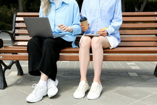 Two young women sitting on bench freelance concept