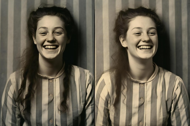 Photo two young women in striped shirts laughing and looking at the camera