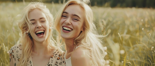 Two young women their faces beaming with laughter share a carefree moment in a sunlit meadow epitomizing youthful joy