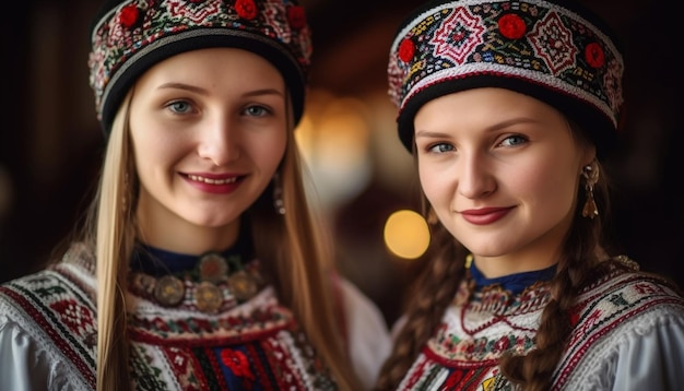 Two young women in traditional clothing smiling at the camera generated by artificial intelligence