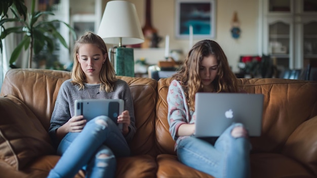 Two Young Women Using Digital Devices on a Couch