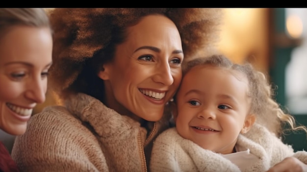 Two young women at various ages smiling and holding hands in a closeup photograph Generative AI shows a little girl embracing her mother from behind